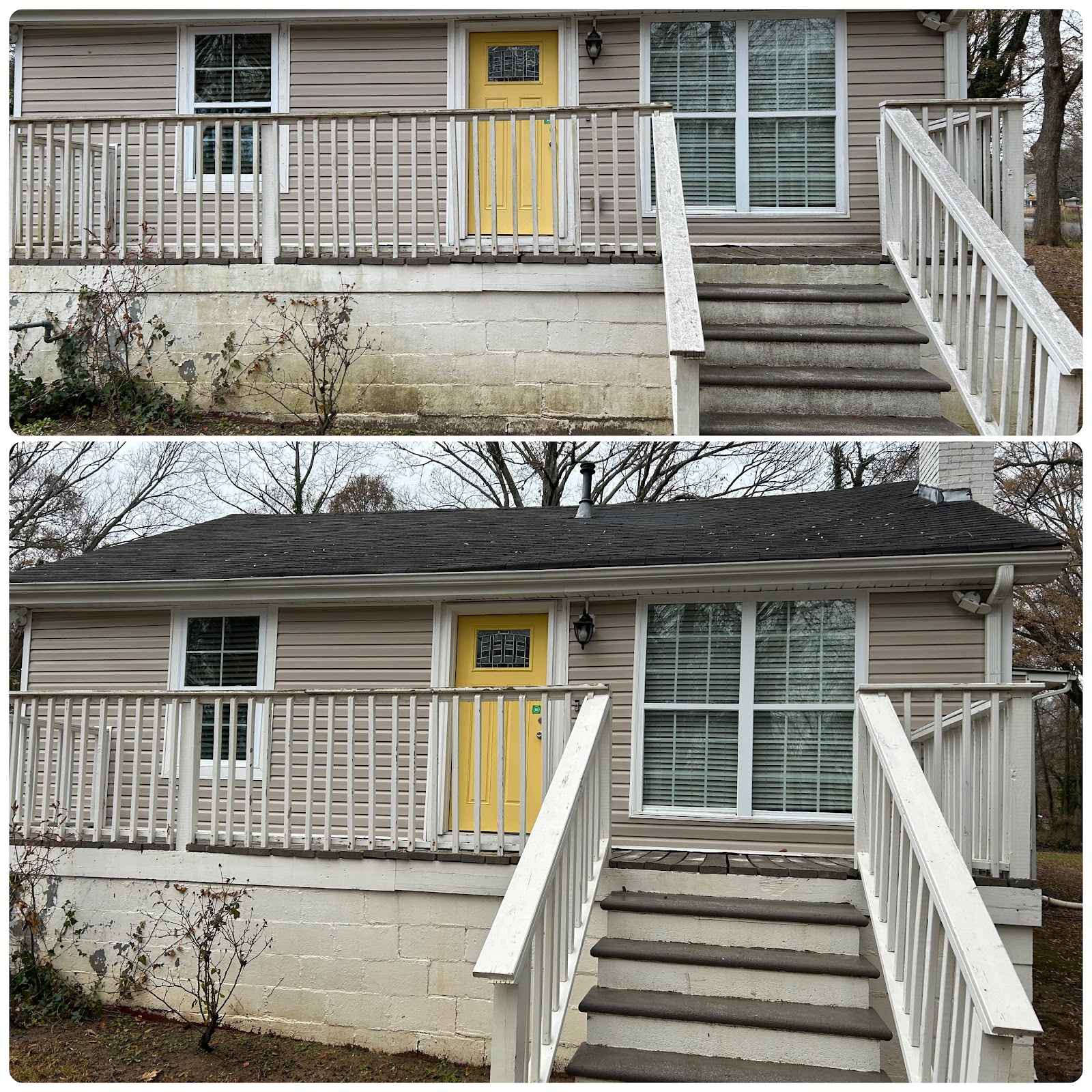 Golden Choice Pro-Wash — beige ranch-style house exterior before and after softwash
