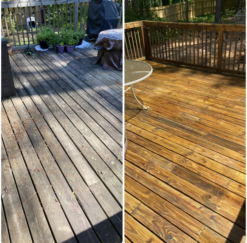 Golden Choice Pro-Wash — weathered wooden deck before and after, restored to fresh oak color