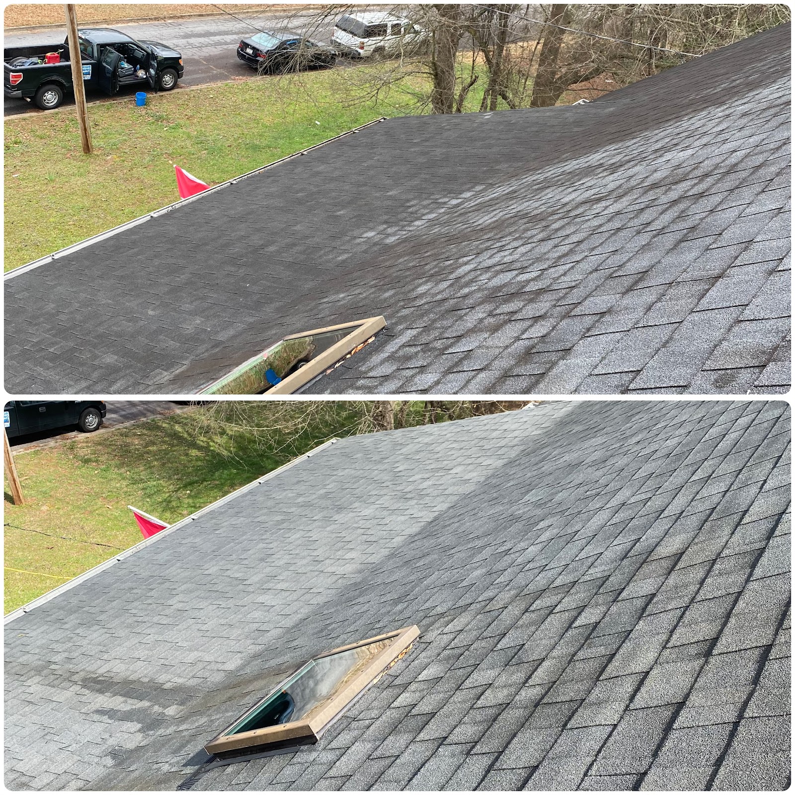 Golden Choice Pro-Wash — dark shingled roof before and after softwash from an aerial view