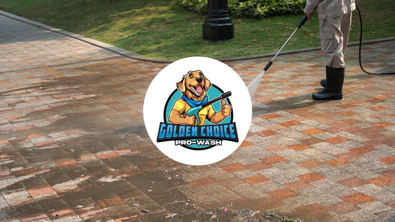 Golden Choice Pro-Wash — technician pressure-washing brick paver driveway with branded Golden Choice logo overlay